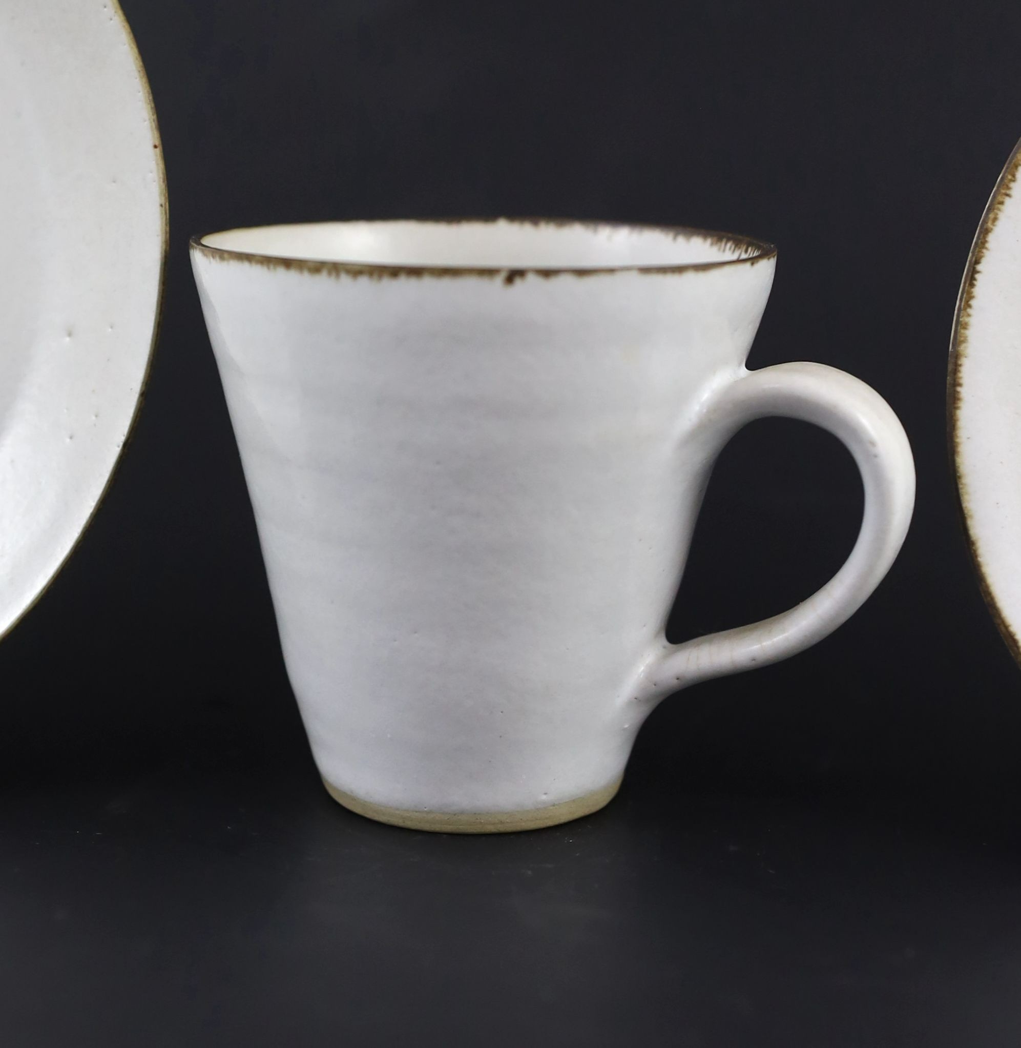 Dame Lucie Rie (1902-1995) a cup, saucer and side plate, c.1959, Cup 8 cm high